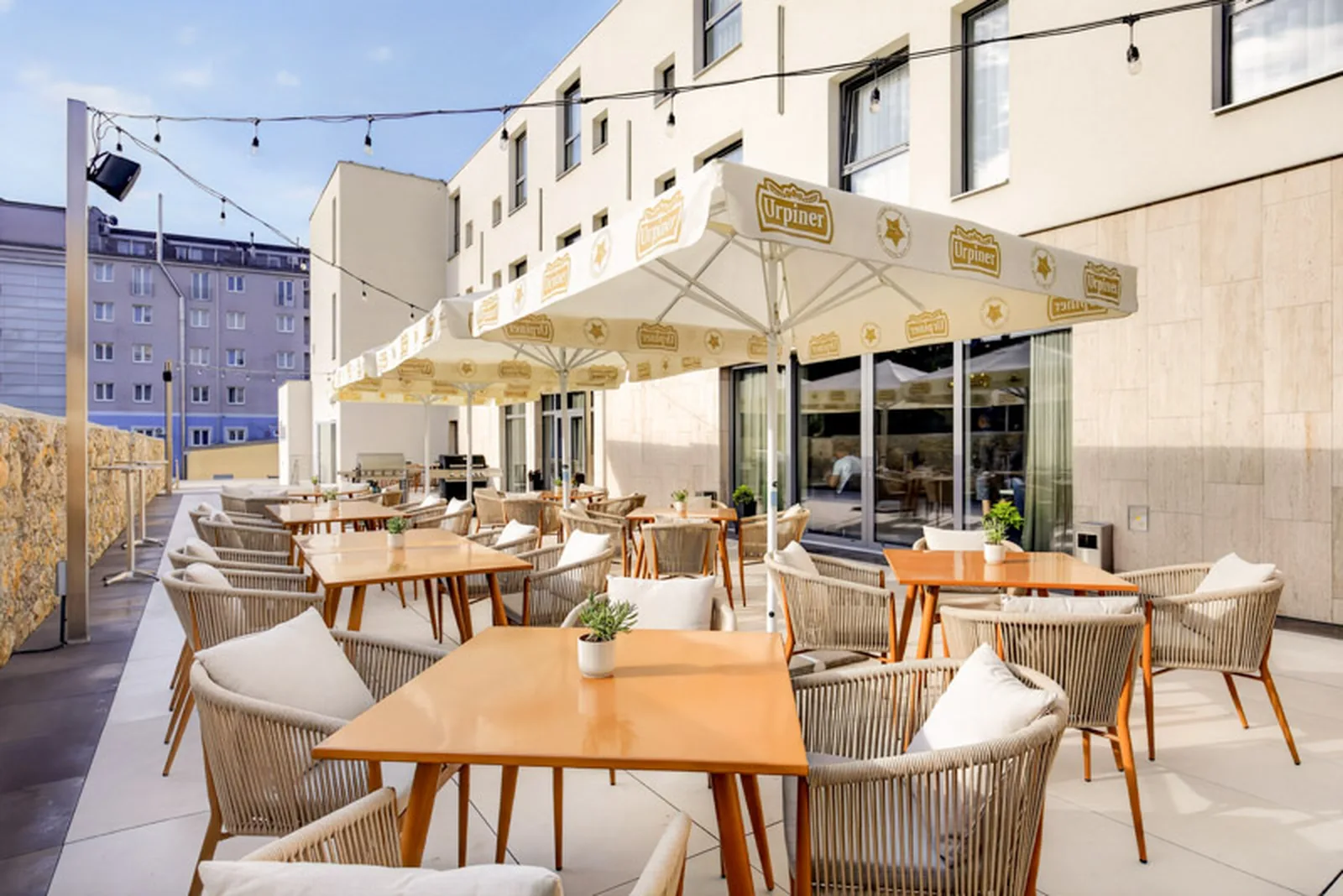 Terrace seating under parasols